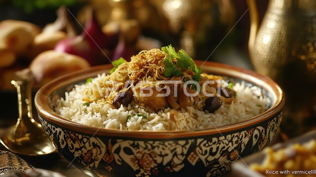 A plate of rice with vegetables and grilled chicken pieces, traditional popular dishes, an oriental Arab dining table, delicious recipes and dishes, the art of serving food in restaurants in the Kingdom of Saudi Arabia