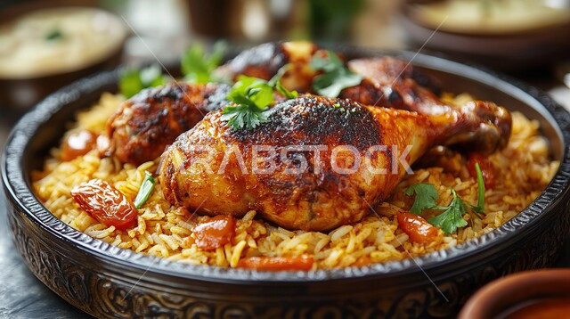 طبق من أرز البرياني مع الدجاج المشوي، رز الكبسة مع التوابل, أطباق و ماكولات عربية تقليدية, وصفات الطعام الصحية الشهية, فنون تقديم الأطعمة الشرقية اللذيذة