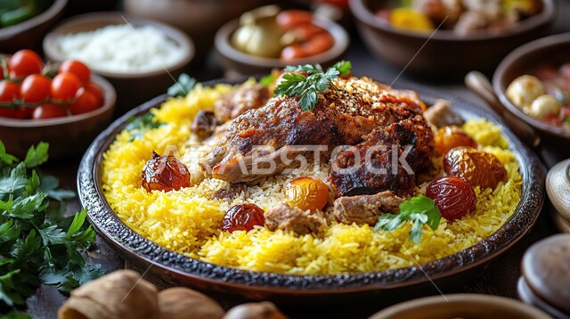 فنون تقديم الطعام في المطاعم الشرقية، طبق من أرز البرياني مع الدجاج المشوي، وصفات الطعام الصحية الشهية، صحن من رز الكبسة، مأكولات وأطباق عربية تقليدية