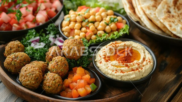 المأكولات العربية الشرقية، طبق من اقراص الفلافل المقرمشة مع الخضروات الطازجة، وجبات الطعام الشعبية الشهية، فنون التقديم مطاعم المملكة العربية السعودية، أطعمة غنية بالحبوب والبروتينات