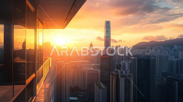 شرفة منزل بديكورات أنيقة مطلة على الابراج ,مفهوم الاسترخاء و الاستمتاع بالاجواء الهادئة, الفن الهندسي المعماري للمباني وناطحات السحاب، الشقق والمنازل في المملكة العربية السعودية