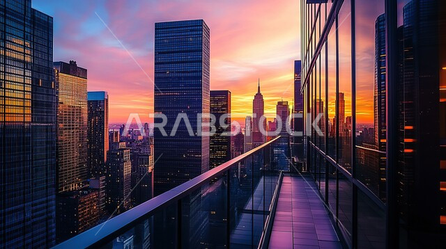 شرفة منزل بديكورات أنيقة مطلة على الابراج ,مفهوم الاسترخاء و الاستمتاع بالاجواء الهادئة, الفن الهندسي المعماري للمباني وناطحات السحاب، الشقق والمنازل في المملكة العربية السعودية