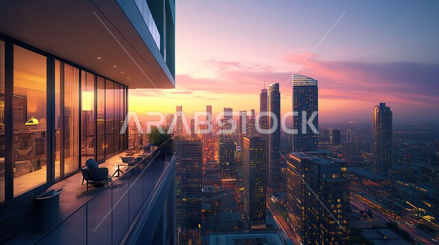 شرفة منزل بديكورات أنيقة مطلة على الابراج ,مفهوم الاسترخاء و الاستمتاع بالاجواء الهادئة, الفن الهندسي المعماري للمباني وناطحات السحاب، الشقق والمنازل في المملكة العربية السعودية