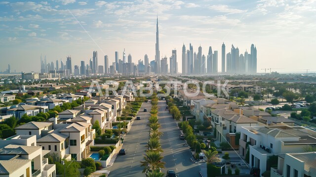 النمو و التطور العمراني في طرق البناء, أشجار النخيل والمساحات الخضراء الممتدة في الطريق, التصميم الحديث للمنازل والبيوت, فلل وشقق سكنية فاخرة، تصميمات وديكورات فخمة، الفن الهندسي المعماري على الطراز الحديث المتميز