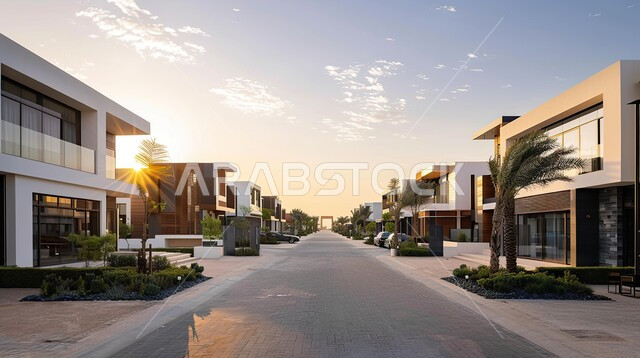 النمو و التطور العمراني في طرق البناء, أشجار النخيل والمساحات الخضراء الممتدة في الطريق, التصميم الحديث للمنازل والبيوت, فلل وشقق سكنية فاخرة، تصميمات وديكورات فخمة، الفن الهندسي المعماري على الطراز الحديث المتميز