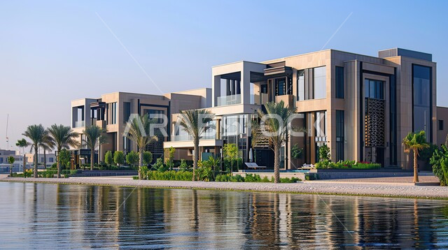 النمو و التطور العمراني في طرق البناء, أشجار النخيل والمساحات الخضراء الممتدة في الطريق, التصميم الحديث للمنازل والبيوت, فلل وشقق سكنية فاخرة، تصميمات وديكورات فخمة، الفن الهندسي المعماري على الطراز الحديث المتميز