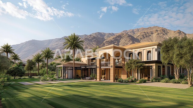 النمو و التطور العمراني في طرق البناء, أشجار النخيل والمساحات الخضراء الممتدة في الطريق, التصميم الحديث للمنازل والبيوت, فلل وشقق سكنية فاخرة، تصميمات وديكورات فخمة، الفن الهندسي المعماري على الطراز الحديث المتميز