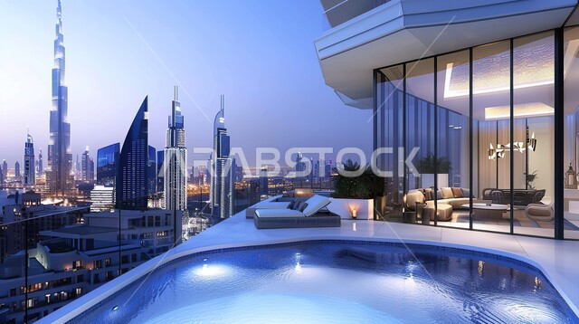 قضاء أوقات ممتعة ومنعشة في فصل الصيف، البناء الخارجي لفيلا فاخرة، تصاميم مسابح خارجية وديكورات حديثة، الفن الهندسي المعماري في بناء الاستراحات الفاخرة، أماكن سياحية ترفيهية للاسترخاء والسباحة، مناظر الأبراج وناطحات السحاب