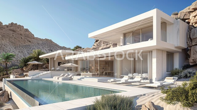 قضاء أوقات ممتعة ومنعشة في فصل الصيف، البناء الخارجي لفيلا فاخرة، تصاميم مسابح خارجية وديكورات حديثة، الفن الهندسي المعماري في بناء الاستراحات الفاخرة، أماكن سياحية ترفيهية للاسترخاء والسباحة، خلفية الطبيعة الزراعية في السعودية