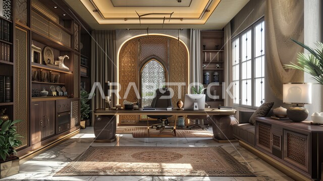 النوافذ الزجاجية الضخمة والاطلالة على الطبيعة, تصميم عصري لغرف مكتبية منزلية في المملكة العربية السعودية, تصميمات وديكورات داخلية أنيقة مع أثاث فخم ومريح لغرف المكاتب، هندسة معمارية متطورة، غرف للقراءة والجلوس