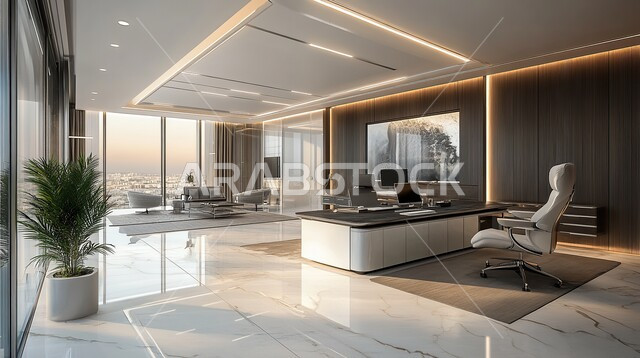 غرف مكتبية بتصاميم وديكورات داخلية فخمة، تصميم داخلي للمكاتب بجدران وأثاث مزين بأنماط هندسية عربية تقليدية، المزج بين التصميم الحديث والزخارف الثقافية،  التصميم العصري الحديث للمكاتب في الشركات السعودية، غرفة اجتماعات واسعة مع طاولة و بكراسي