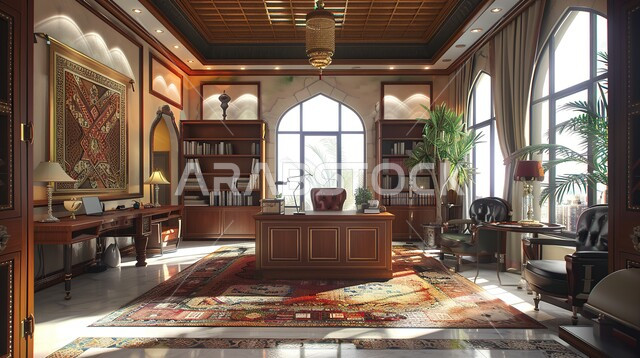 Huge glass windows and nature view, modern design for home office rooms in Saudi Arabia, elegant interior designs and decorations with luxurious and comfortable furniture for office rooms, advanced architecture, reading and sitting rooms