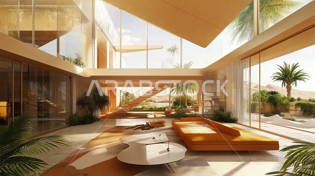 Huge glass windows and nature view, luxurious marble entrance, distinctive interior designs and decorations, elegant modern design for companies and resorts in the Kingdom of Saudi Arabia, interest in green ornamental plants