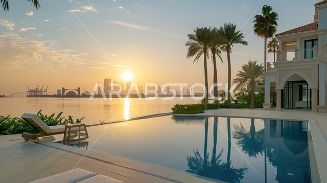 الفن الهندسي المعماري على الطراز الحديث للفلل والشقق السكنية، الاهتمام في زراعة النباتات الخضراء حول حوض السباحة في حديقة المنزل، الديكورات والتصاميم العصرية الحديثة للبيوت في المملكة العربية السعودية