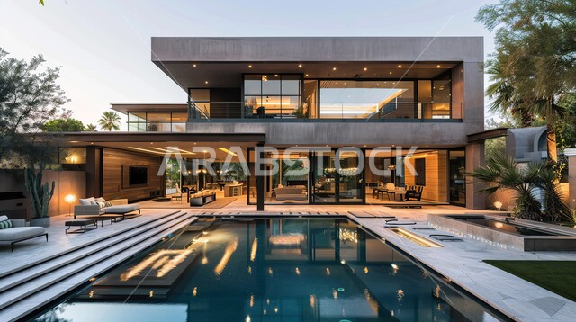 الفن الهندسي المعماري على الطراز الحديث للفلل والشقق السكنية، الاهتمام في زراعة النباتات الخضراء حول حوض السباحة في حديقة المنزل، الديكورات والتصاميم العصرية الحديثة للبيوت في المملكة العربية السعودية