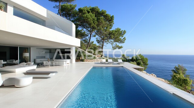 الفن الهندسي المعماري على الطراز الحديث للفلل والشقق السكنية، الاهتمام في زراعة النباتات الخضراء حول حوض السباحة في حديقة المنزل، الديكورات والتصاميم العصرية الحديثة للبيوت في المملكة العربية السعودية