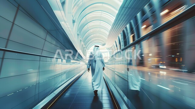 السير والانتقال باستخدام المسار الكهربائي, صورة من الخلف لرجل عربي خليجي سعودي يرتدي الغترة والثوب التقليدي يقوم بالمشي الى الامام، التجول في المراكز التجارية والمولات، تطوير المرافق العامة في الشركات السعودية