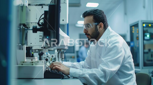 التحول الرقمي والتقدم التقني, تطور التقنيه والتكنولوجيا الحديثه، رؤية سعودية مستقبلية 2030، صورة مقربة لرجل عربي خليجي سعودي يرتدي المعطف الابيض يقوم بتحسين الانتاج باستخدام الالات والمعدات الذكيه في الصناعات الالكترونيه