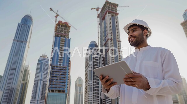 الإشراف على المشاريع ومتابعة سيرها، صورة لمهندس عربي سعودي خليجي يرتدي الثوب التقليدي وخوذة الحماية يحمل بيده جهاز اللوحي، تطور الهندسة الإنشائية في السعودية، إدارة المشروع من موقع العمل, تحقيق الثورة العمرانية, مهن ووظائف شبابيه