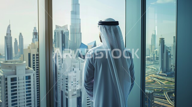 التأمل وشرود الذهن والتفكير في شيء ما، صورة مقربة من الخلف لرجل عربي خليجي سعودي يرتدي الشماغ والثوب السعودي التقليدي يقف امام واجهه زجاجية كبيرة، الاستمتاع بالنظر الى العالم الخارجي من خلال النافذة, تقدم وتطور الفن الهندسي المعماري في السعودية