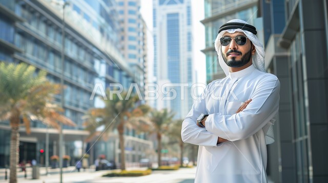 توسيع مجالات العمل، الشراكة في الأعمال والمشاريع الهندسية، صداقات وتعارف وبناء علاقات اجتماعية، عقد صفقات عمل جديدة ناجحة بين رجال الأعمال،  صورة مقربة لرجل عربي خليجي سعودي مبتسم يرتدي الزي التقليدي والغترة مكتف الأيدي
