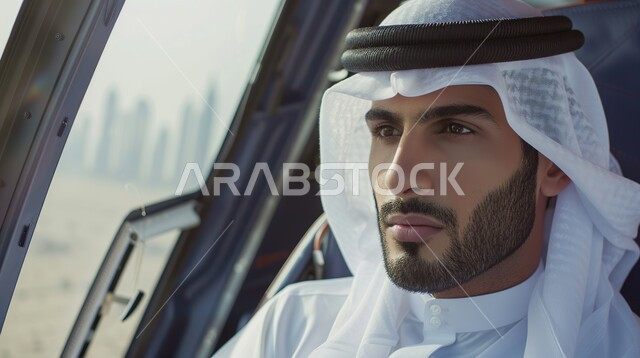 الأناقة والاهتمام بالمظهر الخارجي, النظر  بإيماءات الثقة بالنفس، صورة مقربة لرجل عربي خليجي سعودي يرتدي الثوب التقليدي والشماغ يجلس في السيارة