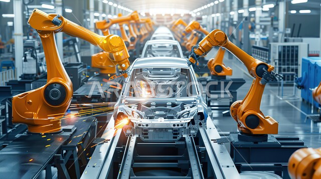  الاعتماد على التشغيلات الآلية لأذرع الروبوتات في معامل ومصانع المملكة، رؤية مستقبلية سعودية 2030، استخدام أجهزة متطورة في انتاج وتصنيع السيارات الحديثة، تحقيق الثورة الصناعية، خط الانتاج الآلي في تجميع قطع السيارة وتركبيها