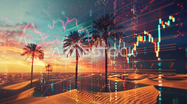 صعود و هبوط أسهم البورصة, مفهوم التحليل المالي وفرص الاستثمار, سوق الأوراق المالية, خلفية الرمال الذهبية الناعمة والكثبان في الصحراء العربية