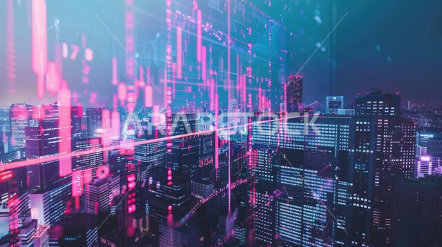 صعود و هبوط أسهم البورصة, مفهوم التحليل المالي وفرص الاستثمار, سوق الأوراق المالية, خلفية الابراج وناطحات السحاب ليلا