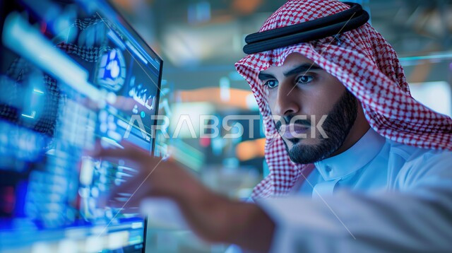 Standing with an expression of self-confidence, a close-up image of a Saudi Arabian Gulf businessman wearing the Saudi thobe raising his hand with tapping gestures on a huge illuminated screen, various holographic icons
