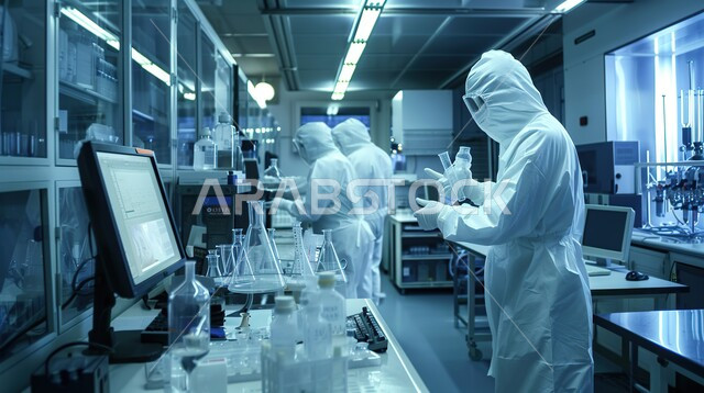 مجموعة من المخبريين العرب الخليجيين السعوديين يرتدون الاقنعة الواقية يقومون بإجراء التجارب والبحوث العلمية الحيوية، مختبرات الفحوصات الطبية والتحاليل الكيمائية، استعمال الأنابيب الزجاجية المعقمة لتحليل العينات المختلفة، معمل الصناعات الدوائية