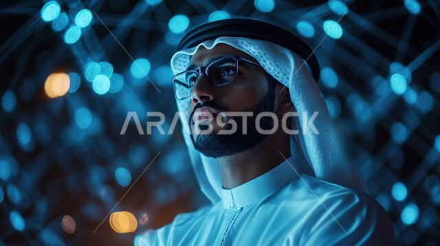 التطور و النمو في المجال التقني, صورة مقربة ارجل عربي خليجي سعودي يرتدي الثوب التقليدي و الغترة يقوم بالنظر الى شيء ما, التقدم التكنولوجي في السعودية رؤية 2030