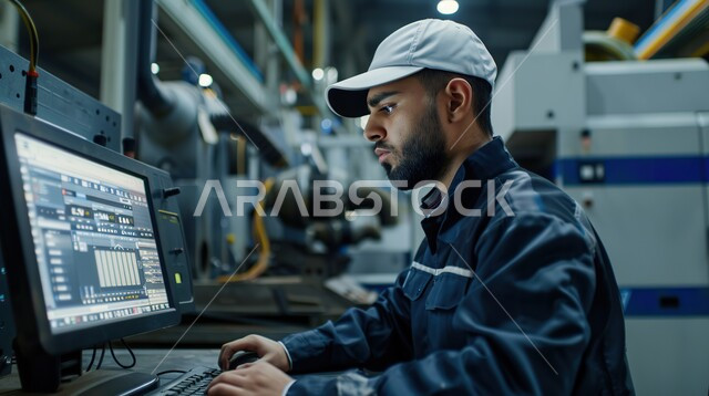 Using a laptop in engineering work, Saudi jobs and professions, supervising projects and following up on their progress, a close-up image from the side of a Saudi Arabian Gulf engineer wearing a protective vest, quality of production and manufacturing and achieving the industrial revolution, gestures of contemplation and concentration
