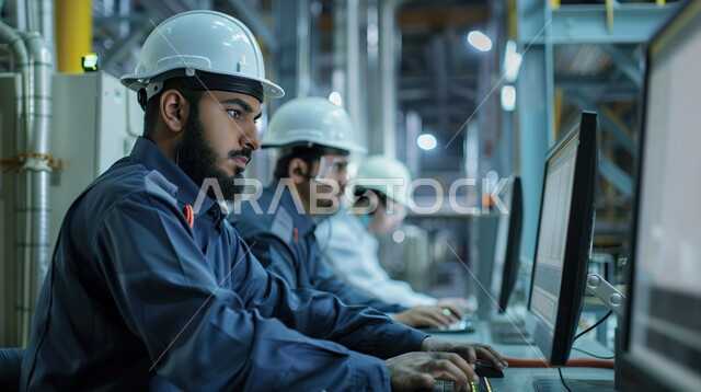 وظائف ومهن شبابيه ، استخدام جهاز الحاسوب المحمول في الأعمال الهندسية،  الإشراف على المشاريع ومتابعة سيرها، صورة مقربة من الجانب لمهندسيين عربيين خليجيين سعوديين يرتديان سترة الحماية، جودة الإنتاج و التصنيع وتحقيق الثورة الصناعية، ايماءات التمعن والتركيز