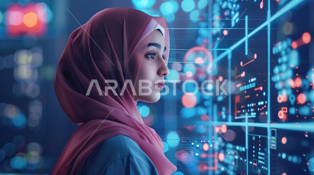 استخدام تقنية الهولوجرام ثلاثية الأبعاد، شابة عربية خليجية سعودية، المخطط  البياني للنمو الاقتصادي والبورصة المالية، التداول والاستثمار في سوق الاوراق المالية