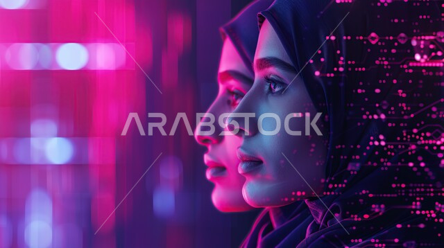 تكنولوجيا المستقبل و الذكاء الاصطناعي، تقدم وتطور التكنولوجيا الرقمية، صورة  مقربة من الجانب لإمرأة  عربية خليجية سعودية ترتدي الحجاب ويظهر في جانبها ظلها الماشبه