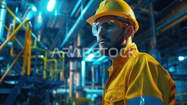 مفهوم الهندسة و الصناعة، عامل عربي سعودي خليجي يرتدي معدات السلامة وينظر إلى الكاميرا في مصنع حديث، جودة الصناعه والانتاج في معامل المملكة، الاداره والاشراف على آلية التصنيع، مهن ووظائف في شبابية