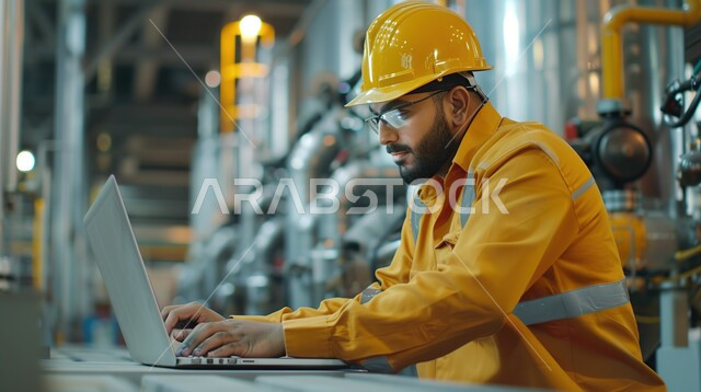 Using modern and advanced devices and technologies in engineering fields, the concept of engineering and industry, checking the quality of iron rod production via laptop, an Arab Gulf Saudi industrial engineer in an iron factory wearing a helmet and a protective jacket for work