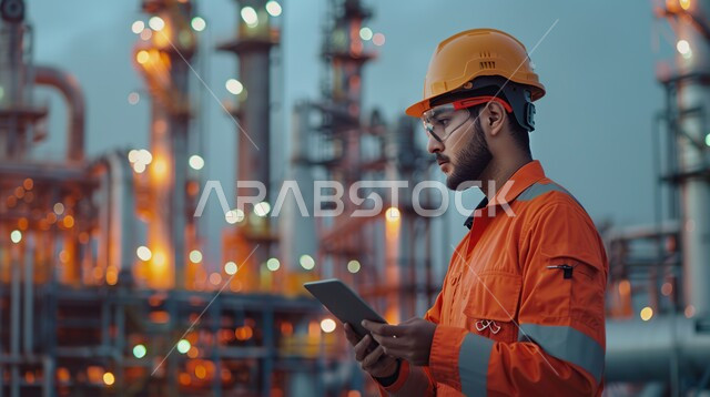 مراقبة جودة إنتاج القضبان الحديدية عبر الحاسوب المحمول، استخدام الأجهزة والتقنيات الحديثة والمتطورة في المجالات الهندسية، مهندس صناعي عربي خليجي سعودي في مصنع الحديد يرتدي خوذة وسترة الحماية الخاصة بالعمل، مفهوم الهندسة و الصناعة