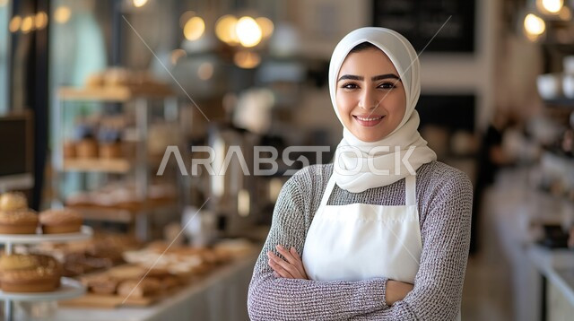 السلع والمواد الغذائية المختلفة، شراء الاحتياجات والمستلزمات المنزلية للمستهلك، صورة مقربة لامرأة عربية سعودية خليجية محجبة مبتسمة تقف بإيماءات أيدي متقاطعة، تقوم بالتبضع في قسم الحلويات في سوبرماركت، قضاء وقت ممتع في المركز التجاري