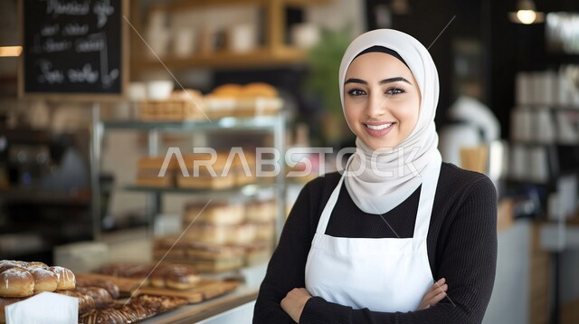 مفهوم الأنوثة والنعومة، الاناقة والاهتمام بالمظهر الخارجي، صورة مقربة لامرأة عربية خليجية اماراتية محجبة مبتسمة بإيماءات أيدي متقاطعة تنظر الى الكاميرا بمشاعر السعادة والسرور، السلع والمواد الغذائية المختلفة، التبضع في قسم الحلويات، قضاء وقت ممتع في القسم التجاري 