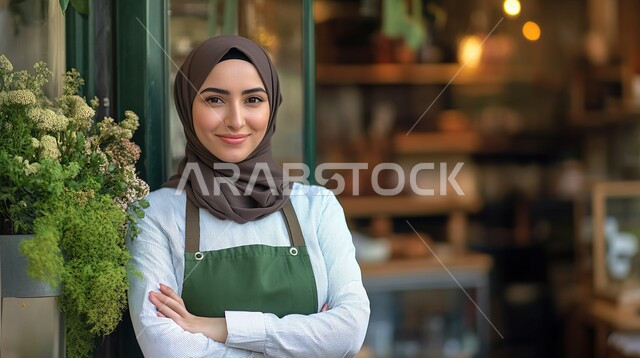 The concept of femininity and softness, elegance and interest in appearance, a close-up of a smiling veiled Gulf Arab woman wearing a cooking apron standing with crossed hands gestures looking at the camera with expressions of happiness and pleasure, various goods and food items, having a good time in the commercial section, cooking skills and arts