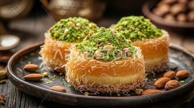 فنون التقديم في مطاعم المملكة العربية السعودية، قطع الحلوى الشهية، وصفات شرقية مشهورة، صورة مقربة لطبق من حلا الكنافة المحشوة بالقشطة والمزينة بالفستق الحلبي، حلويات وسكريات بالقطر