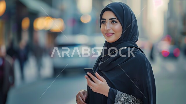تصفح مواقع التواصل الاجتماعي, التجول في المناطق العامة, التواصل والدردشة مع الأهل والأصدقاء, قضاء أوقات ممتعه في الخارج, صورة مقربة لشابة عربية خليجية سعودية محجبة مبتسمة ترتدي عباءة سوداء تقوم باستخدام الهاتف المحمول