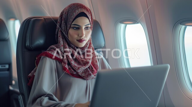 استخدام الأجهزة التقنية الحديثة، إنجاز مهام العمل عن بعد، صورة مقربة لامرأة عربية سعودية خليجية محجبة تجلس على مقعد في الطائرة تستخدم الحاسوب المحمول، وسائل النقل الجوي، خطوط الطيران الجوي السعودي