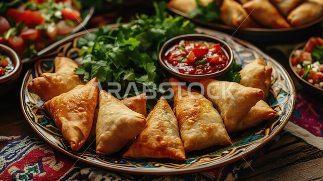 فطائر مقلية متنوعة الحشوات، طبق من السمبوسك المقرمشة مع الخضراوت والصلصات، وصفات المأكولات والأطعمة العربية الشرقية السعودية اللذيذة، أطباق رئيسية في سفرة إفطار شهر رمضان المبارك، مقبلات رمضانية شهية