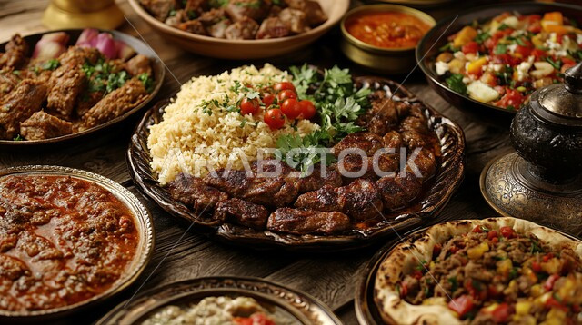 Delicious oriental food recipes, traditional popular meals and dishes, a plate of kebab with rice, the art of serving food in restaurants in the Kingdom of Saudi Arabia, fresh meat rich in proteins