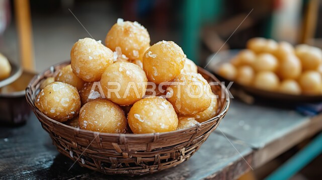 كرات العجين المقلية الصغيرة، أطعمة ذات سعرات حرارية عالية، وصفات وأطباق الحلويات والسكريات، ضيافة المناسبات والأعياد العربية، طبق خشبي من اللقيمات، حلا شرقي شهي