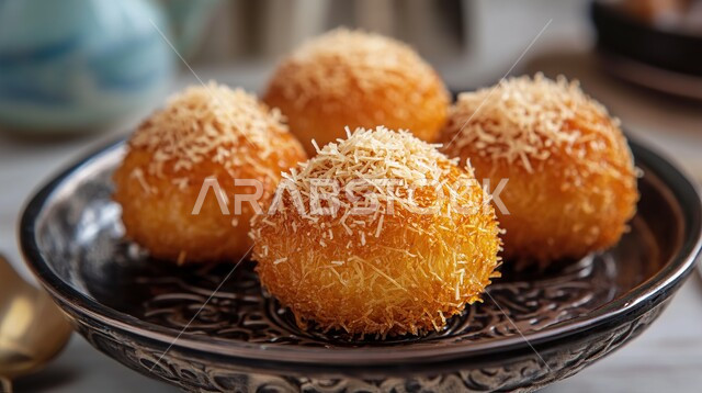 حلا شرقي شهي، كرات العجين المقلية الصغيرة، أطعمة ذات سعرات حرارية عالية، وصفات وأطباق الحلويات والسكريات، ضيافة المناسبات والأعياد العربية، طبق خشبي من لقيمات الشعيرية