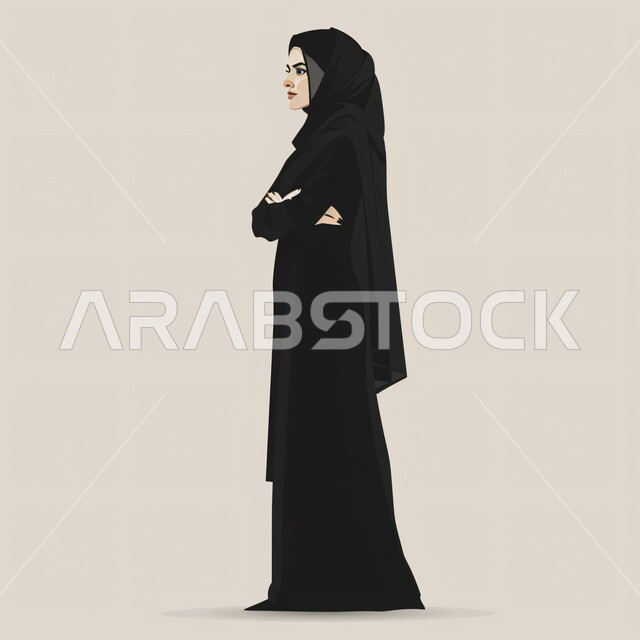 ايماءات الثقة بالنفس، الاهتمام بالمظهر الخارجي، رسوم توضيحية لإمرأة عربية خليجية سعودية مسلمة محجبة ترتدي العباءة السوداء تقف باستقامة بإيماءات أيدي متقاطعة، مفهوم الأنوثة والأناقة، خلفية بيضاء 